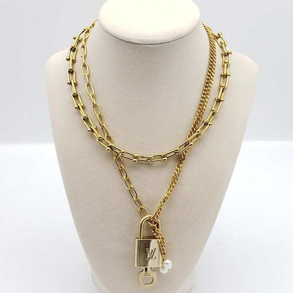 Double Chain Necklace with Authentic Louis Vuitton Padlock Pendant & Fresh Pearl